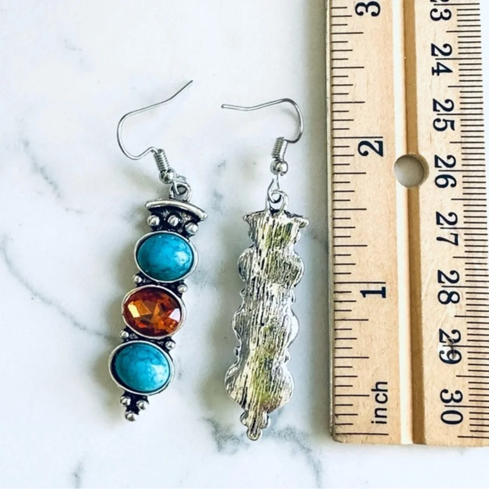2/$30🌵 Silver Faux Turquoise Amber Stone Earrings Bohemian NEW Southwestern